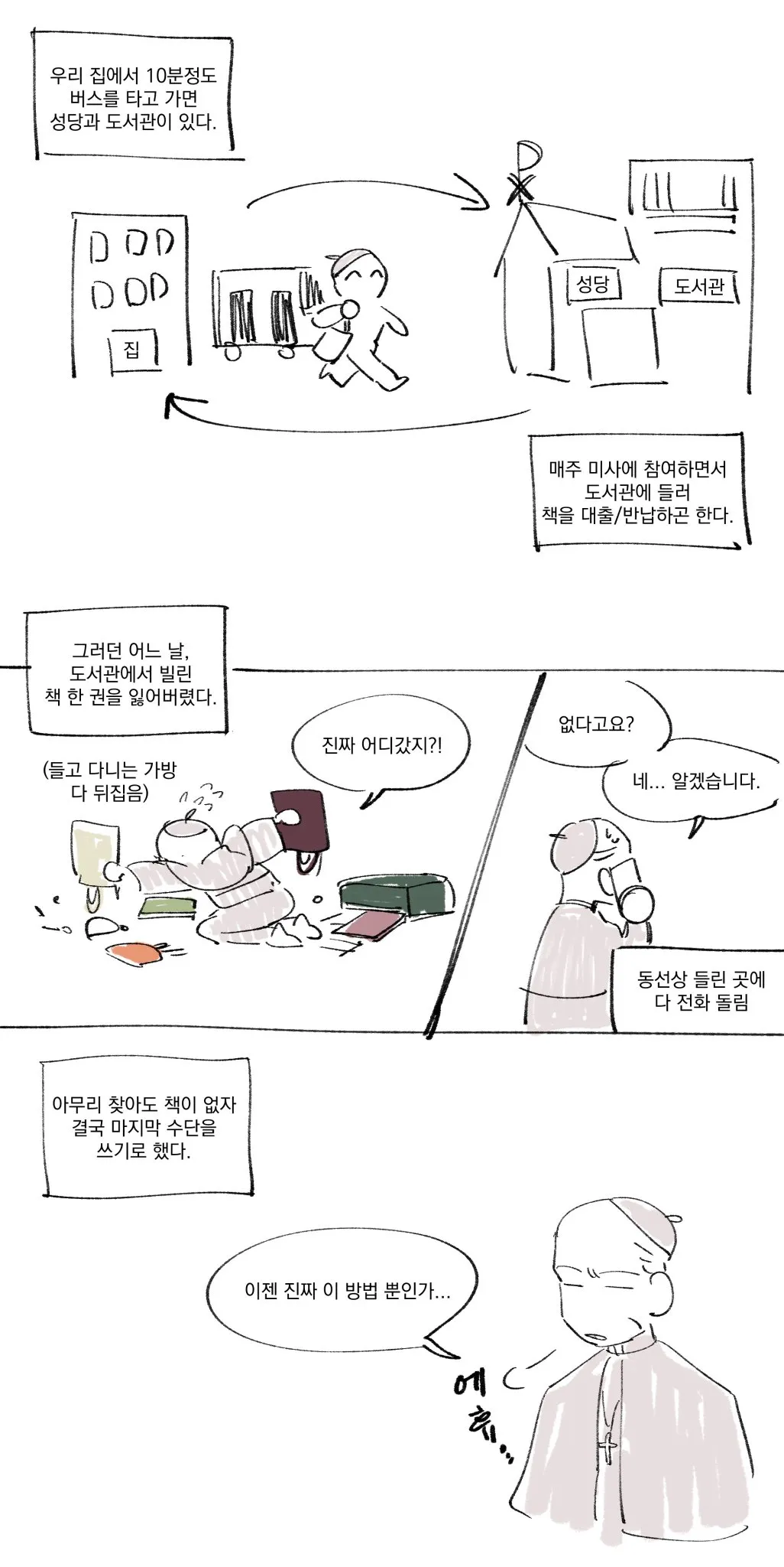 도서관에서 빌린 책을 잃어버렸다가 찾는 만화