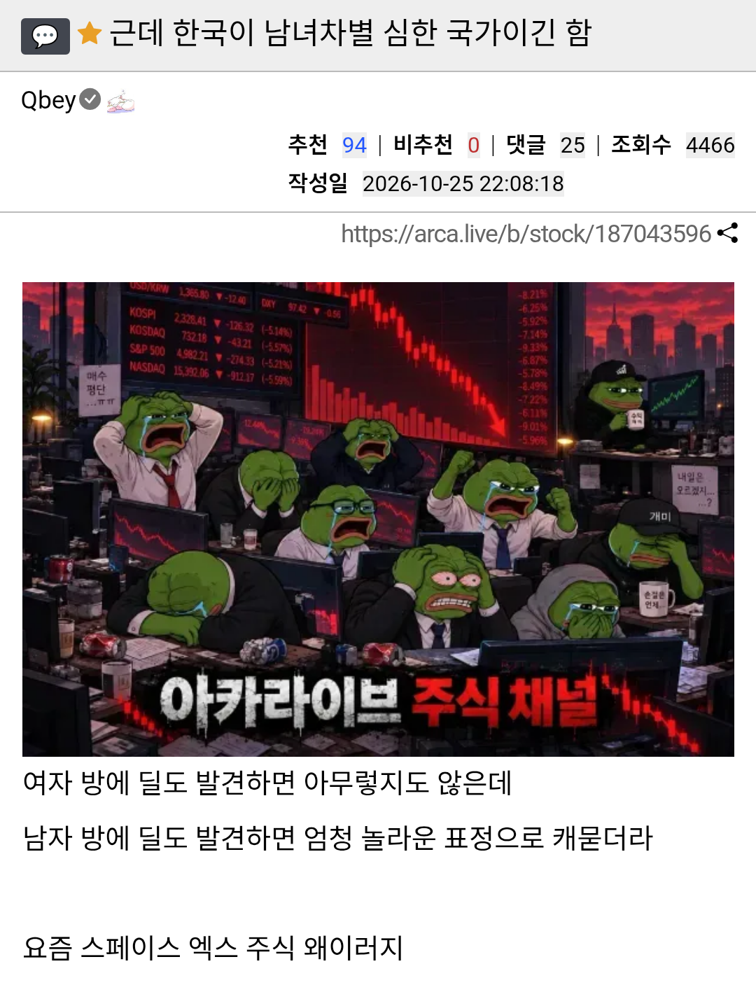 근데 한국이 남녀차별 심한 국가이긴 함