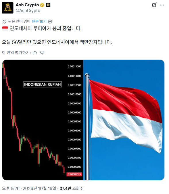 실시간 일본 엔화보다 더 좆된 인도네시아 근황