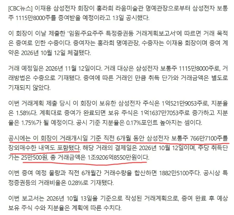 이재용 삼성전자 주식 1조 9천억치 장외 매수 · 1번째 이미지
