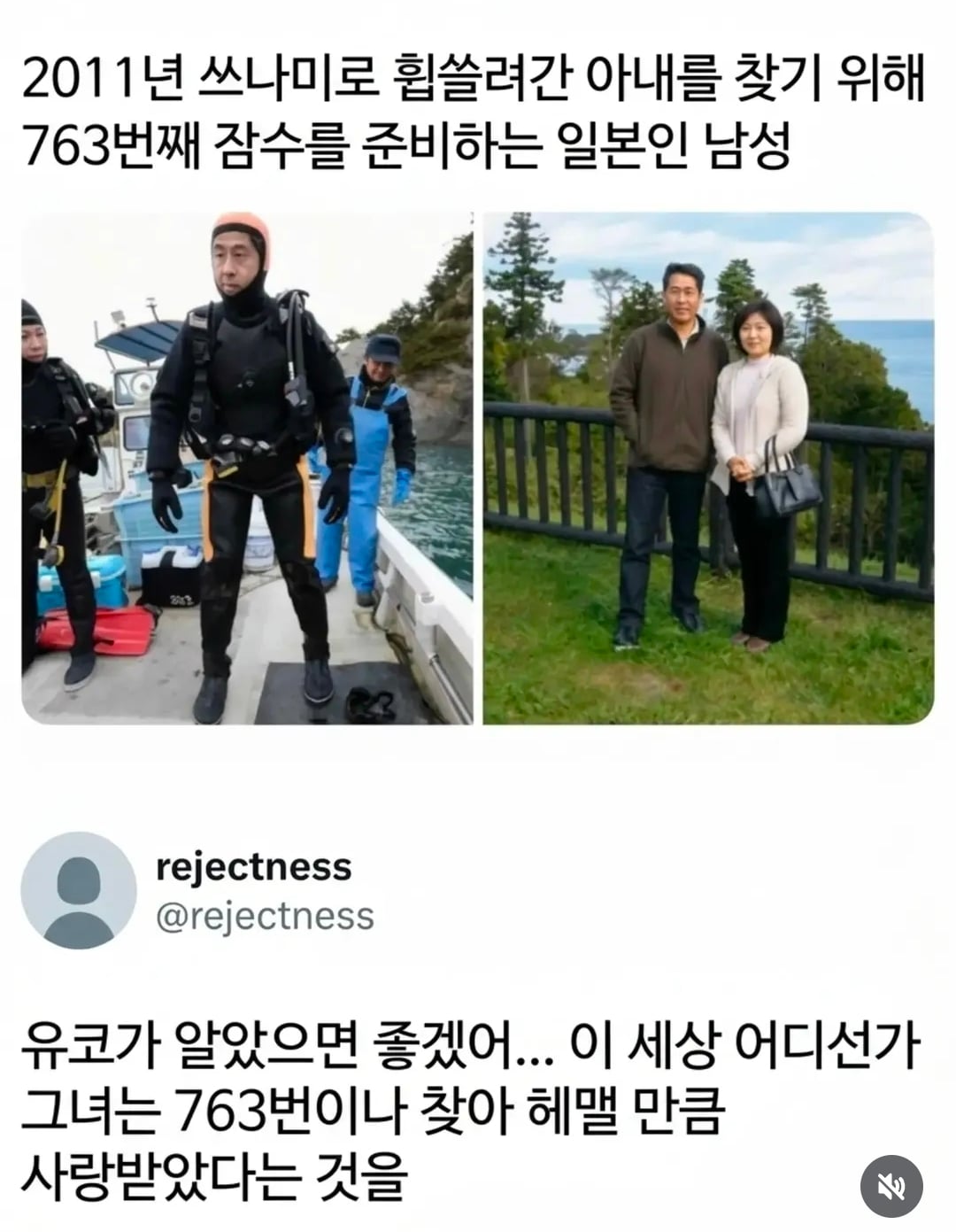 쓰나미로 휩쓸려산 아내를 찾아 763번 잠수하는 남성 · 1번째 이미지