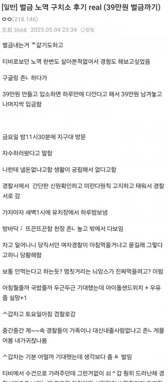 벌금 대신 구치소 하루 살다 온 디시인 후기