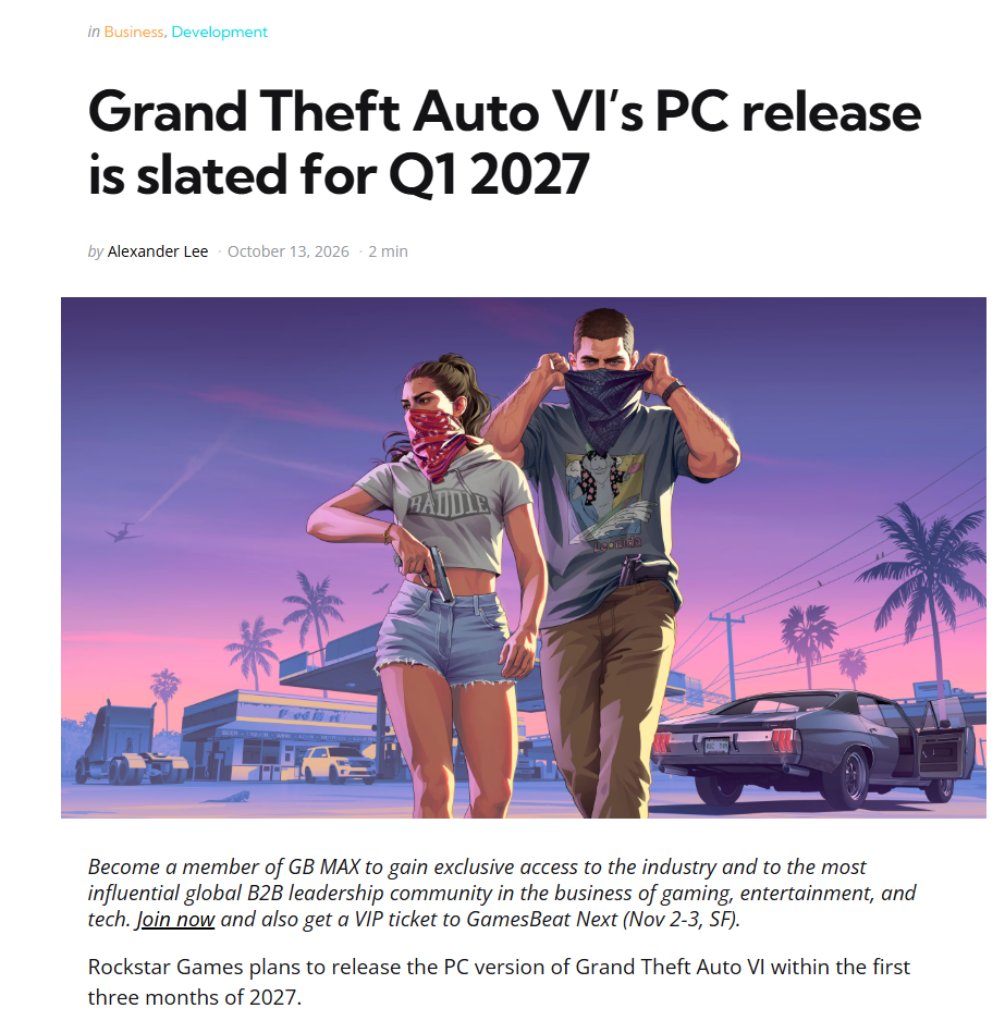 GTA6 PC버전 27년 1분기 출시