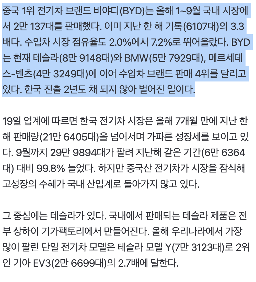 🇨🇳 🚗 BYD, 국내 중견 완성차 3사 판매량 추월…업계 “절망감 느낀다” · 3번째 이미지