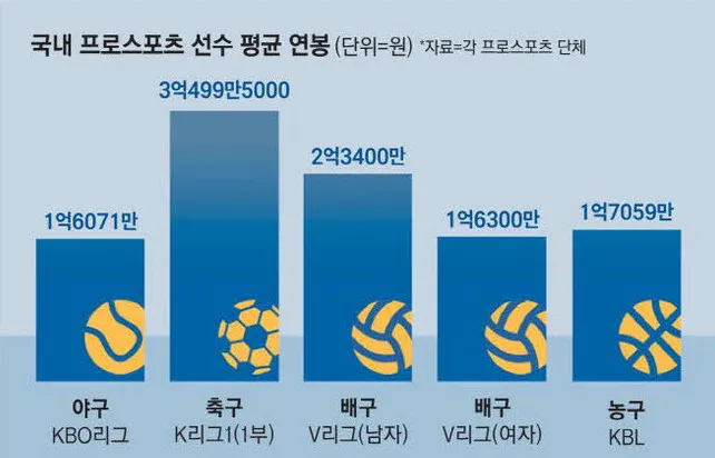 2025년 국내 프로스포츠 리그 평균 연봉