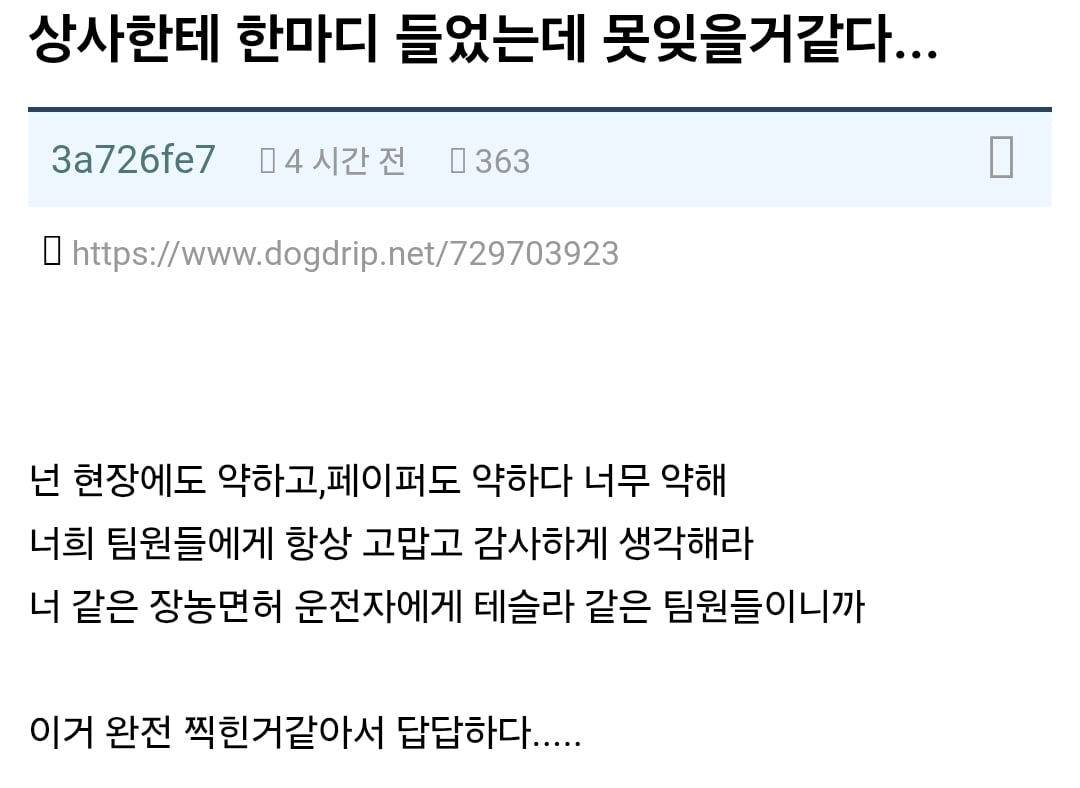 회사 상사가 면전에서 쓴소리 듣고 자괴감 온다는 사람