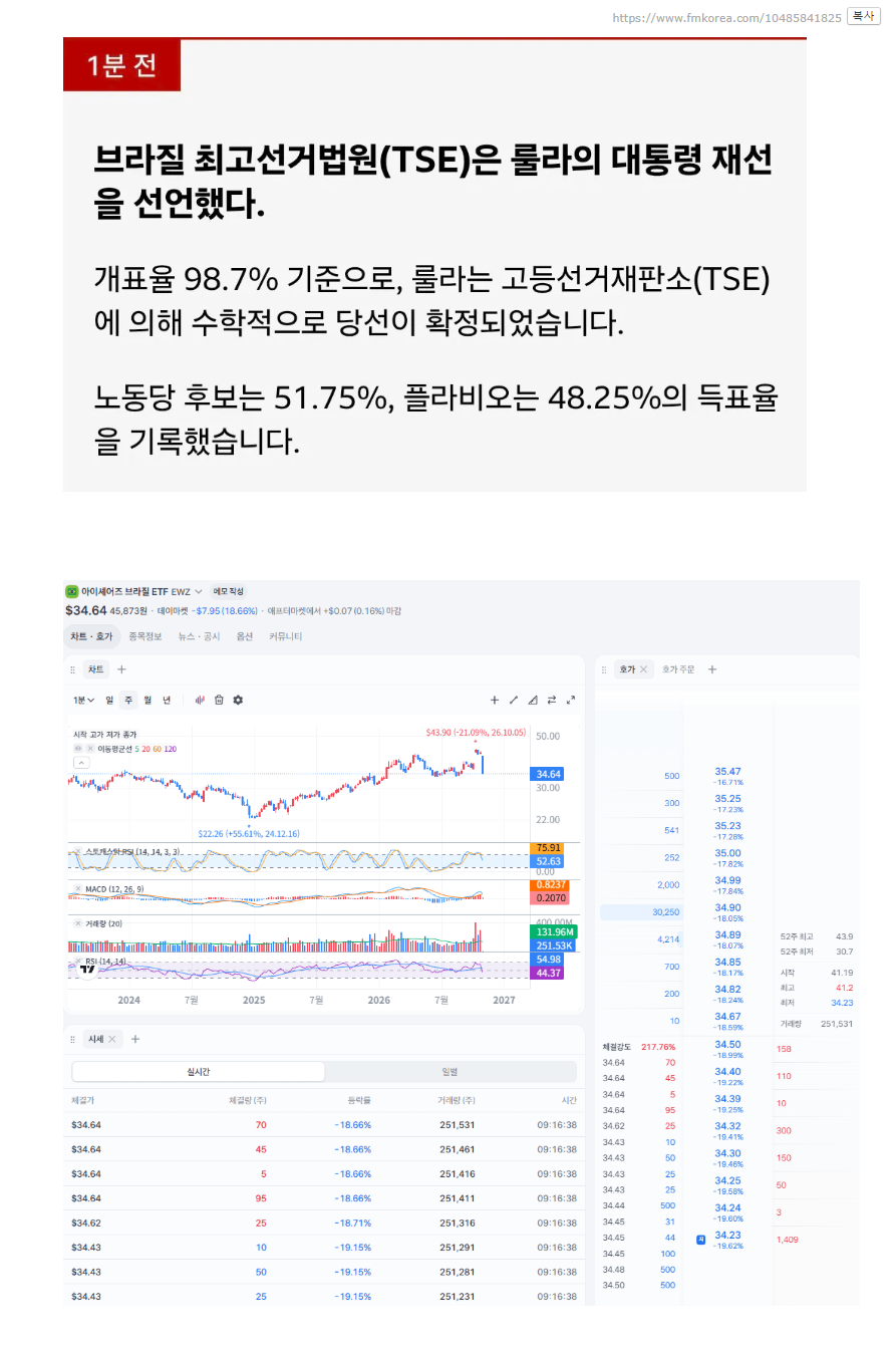 브라질 대통령 룰라 당선으로 브라질 주식 공황급 대폭락