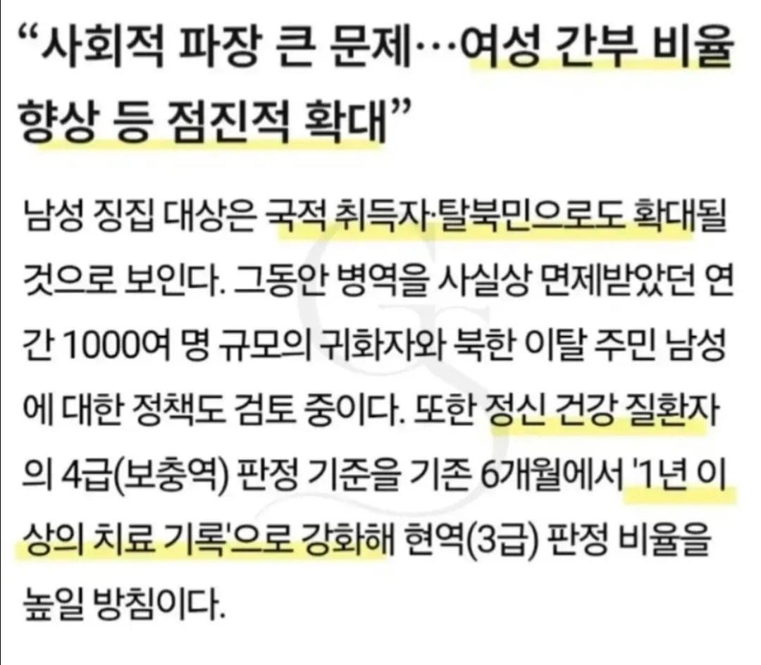 최근 나온 병무청 남성 징집 대상의 기준