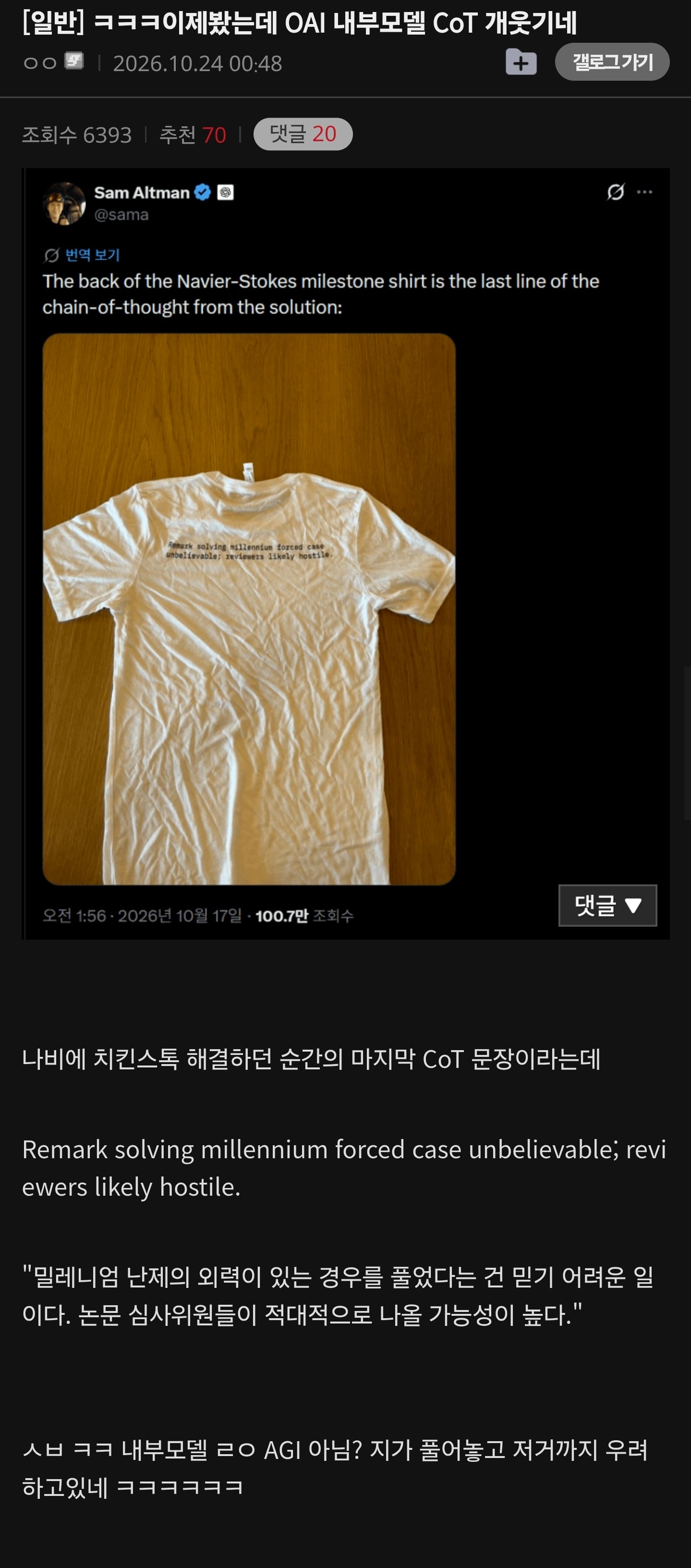 미공개 AI가 밀레니엄 수학난제 풀고 남긴말.jpg · 1번째 이미지