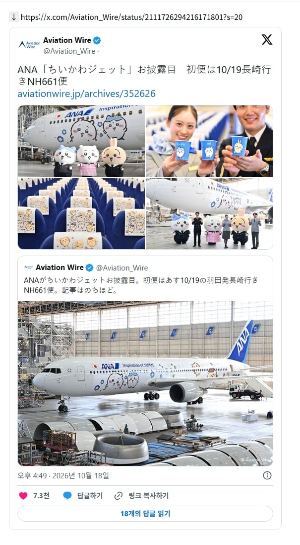 일본 ANA에서 새로 공개한 치이카와 항공기 · 1번째 이미지