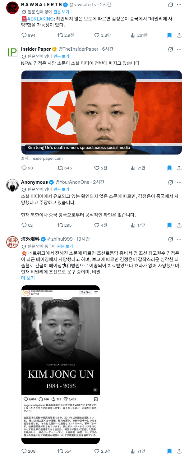 지금 전세계 언론들이 보도 중인 김정은 사망설