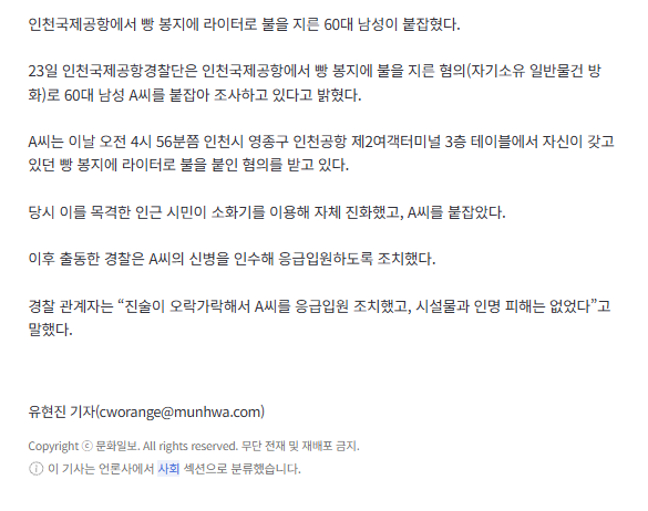 [속보]인천공항서 빵 봉지에 불 지른 남성 붙잡혀, 시민이 소화기로 진화 · 2번째 이미지