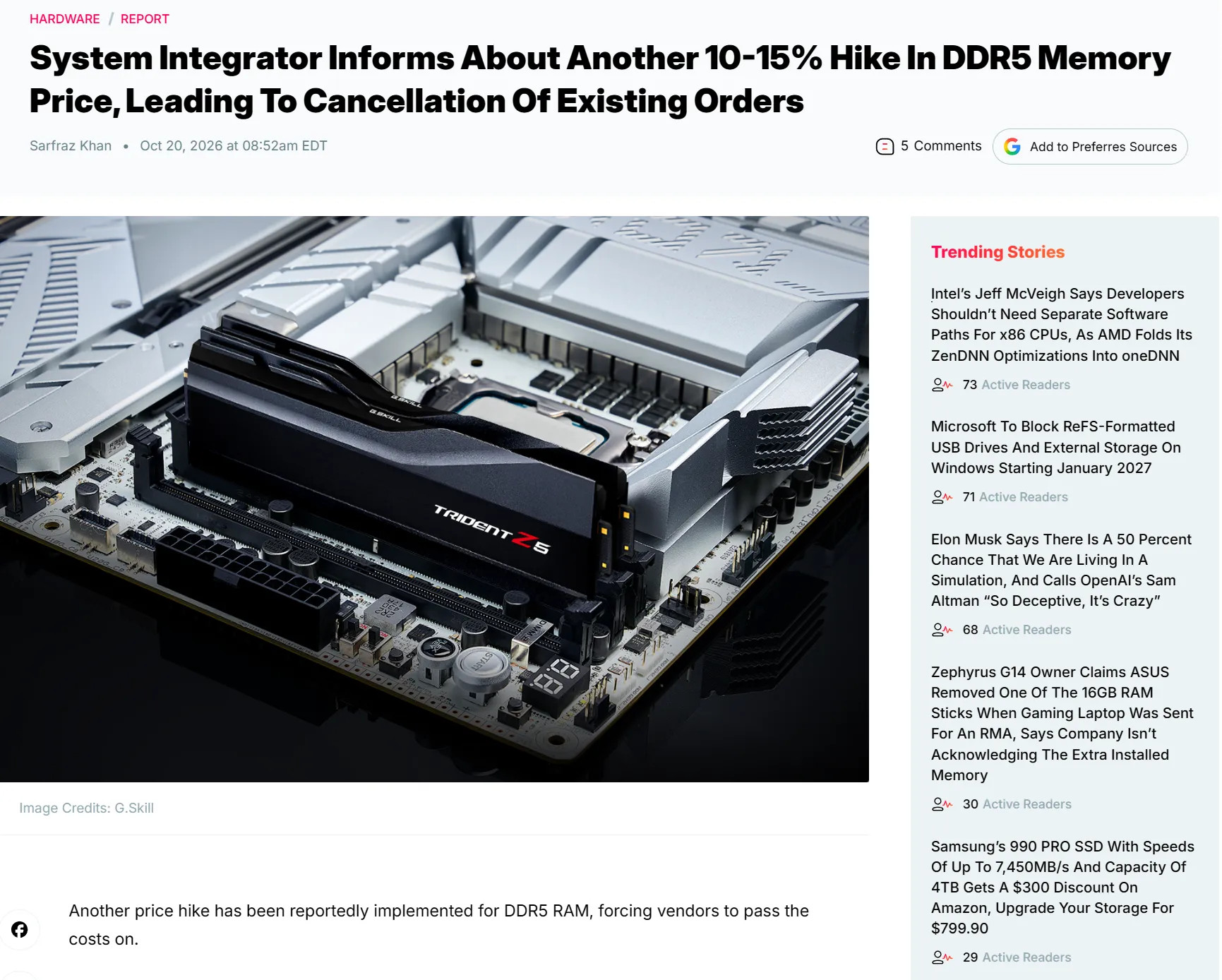 DDR5 모듈 추가로 10~15% 인상 · 1번째 이미지