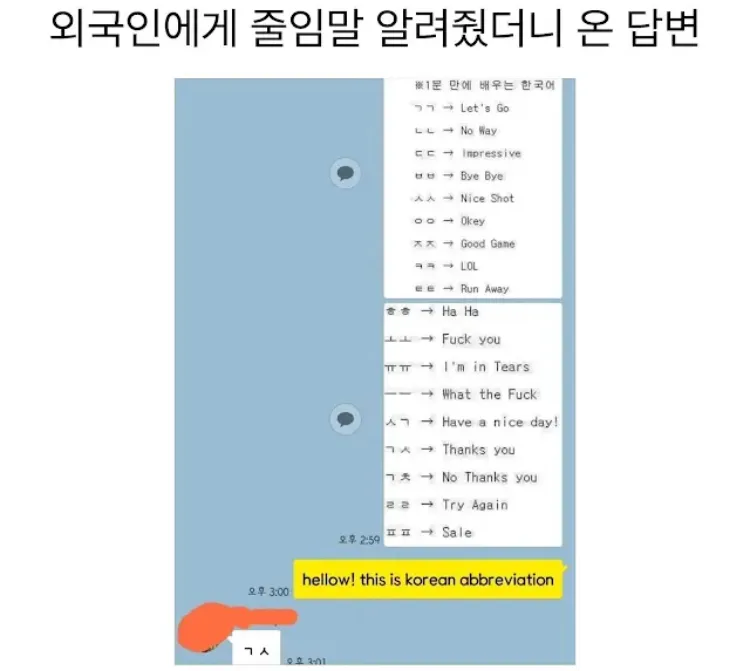 외국인에게 줄임말 알려줬는데 온 답변